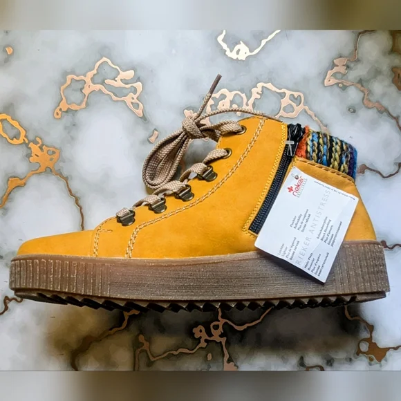 Rieker Mustard Ankle Boots with Colorful Knit Collar - Picture 4 of 7